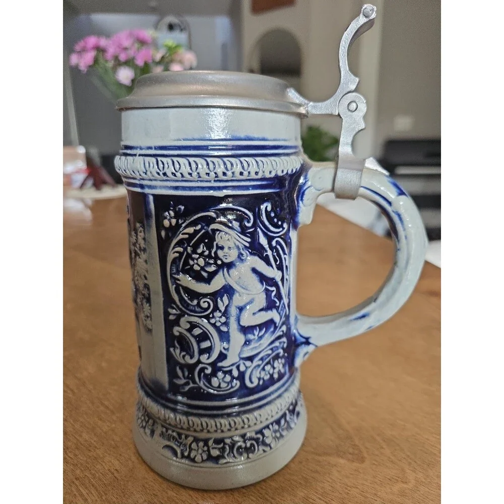 Old Gerz West German Beer Stein Cherub Stoneware Pewter Lid 8